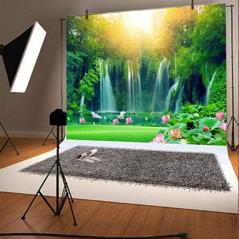 FHZON 10x7ft Waterfall Backgrounds for Photography Green Trees Forest Lotus Lake Sunshine Backdrop Travel Picture Wallpaper Decoration Photo Booth Video Prop TMFH021 - Image 3